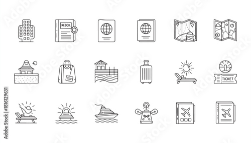 Travel & Vacation Icon Set – Transport, Camping & Tourism Vector Illustration