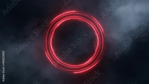 Glowing red rotating energy ring in dark foggy space, eerie supernatural abstract sci-fi portal seamless video 