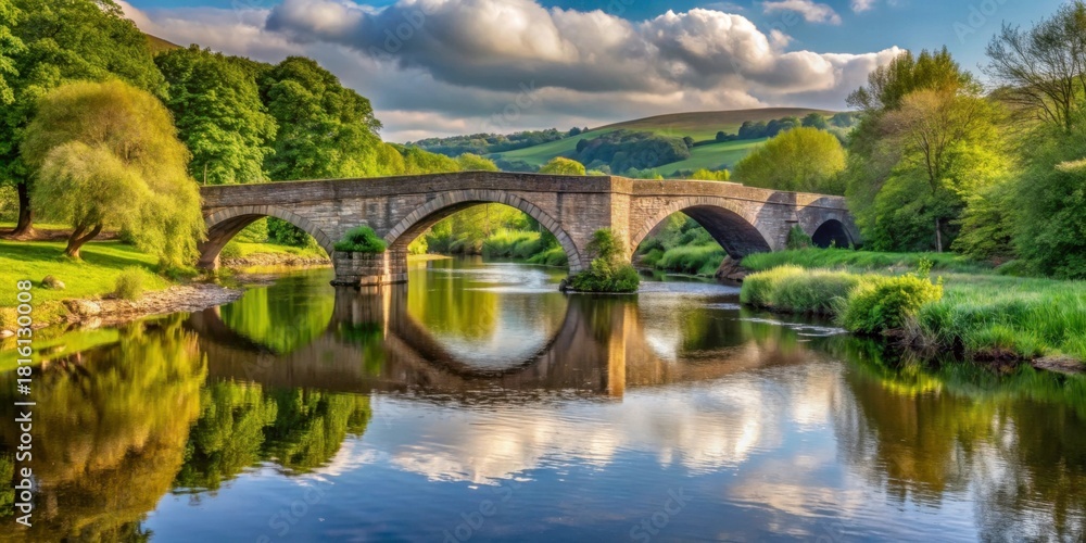Fototapeta premium Serene Stone Bridge Reflected in Calm River Under Blue Sky