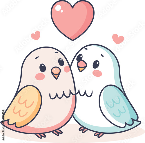Adorable cartoon lovebirds sharing a tender moment under a sweet pink heart, perfect for Valentine's Day, anniversaries, or expressing affection and joy in romantic designs