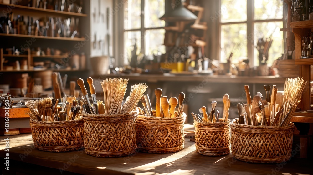 Fototapeta premium Woven baskets filled with artisanal tools and brushes displayed on a wooden table in a sunlit craft studio