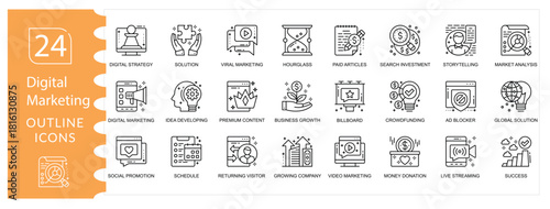 Digital Marketing Icon Set,Social Media, SEO .Online Business Vector Pack, Online Advertising,Marketing , ,Website, Email, Content Promotion Symbols, Marketing Strategy Illustration,Editable stroke
