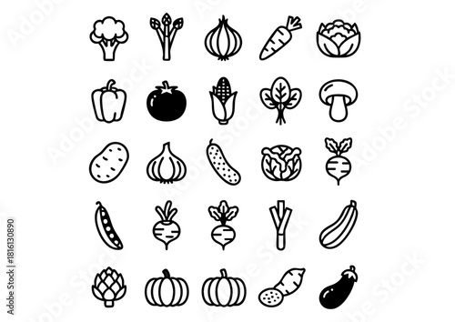 Black & White Vector Vegetable Icon Set (25 Unique Designs), Monochrome Farm Fresh: 25 Outline Vegetable Graphics, Minimalist Produce Icons: Bold Black and White Food Vectors