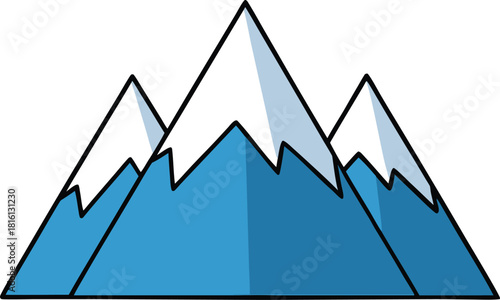 A stylized flat illustration of snow capped blue mountains with sharp peaks against a solid black background evoking a sense of adventure and nature
