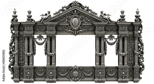 Ornate Silver Classical Architectural Frame with Cherubs and Columns on Transparent Background