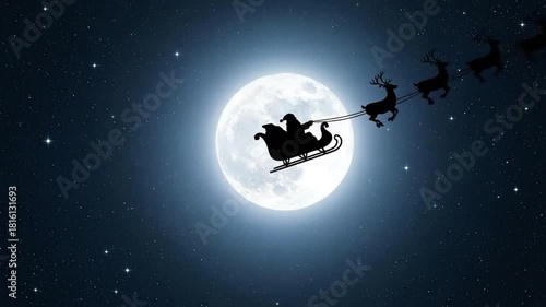 Animated magical scene of Santa Claus and his reindeer team flying in a sleigh silhouette across a bright full moon in a starry night sky. Christmas Eve holiday concept.