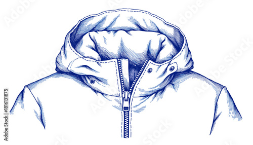 Vintage sketch of a winter jacket zipper pull in blue ink  