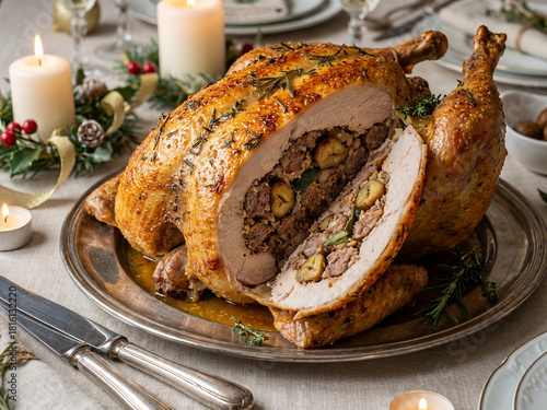 Sliced roasted stuffed capon with chestnuts served on an elegant Christmas table with herbs, candles and festive decorations. Warm natural light and detailed food textures