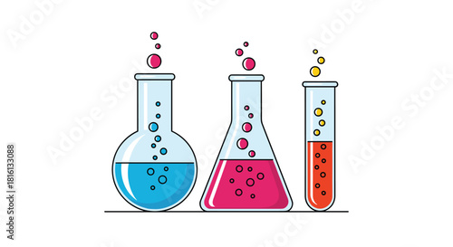 Three cartoon laboratory flasks filled with colored liquids and bubbles, on a white background.