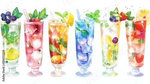 Vibrant Mixed Beverages in Tall Glasses with Mint and Lemon