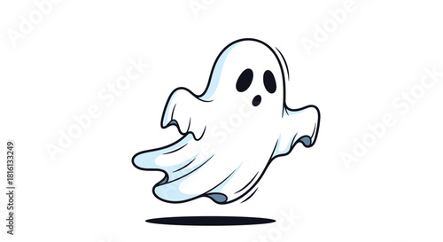 A cute cartoon ghost with a playful expression floats in the air with a shadow beneath it.