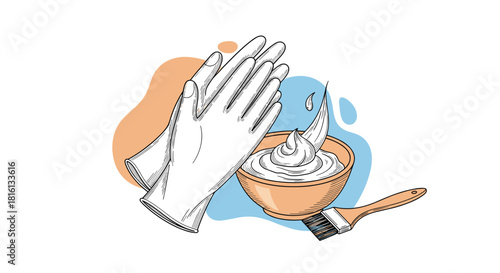 Illustration of white gloves next to a bowl of hair dye and a brush;.