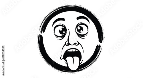 Black and white cartoon face with a disgusted or surprised expression, sticking out its tongue.