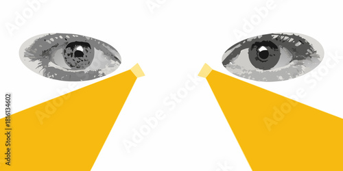 Eyes illuminated by spotlights conceptual illustration of observation surveillance and scrutiny