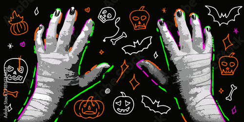 Halloween mummy hands with pumpkins bats and skulls on black background