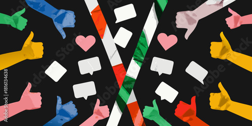 Social media feedback illustration with thumbs up thumbs down and speech bubbles