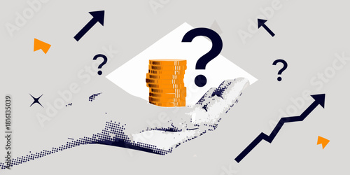 Financial uncertainty and investment risk with stack of coins and question marks