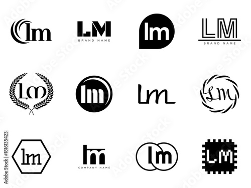 LM logo company template. Letter l and m logotype. Set different classic serif lettering and modern bold text with design elements. Initial font typography.