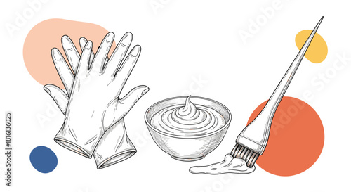 Illustration of hair dye application tools including gloves, a bowl of hair color, and a brush.