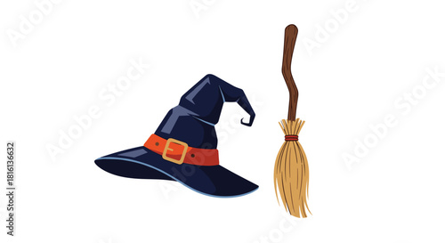 A dark blue witch hat with an orange band and buckle sits next to a wooden broomstick on a white background.