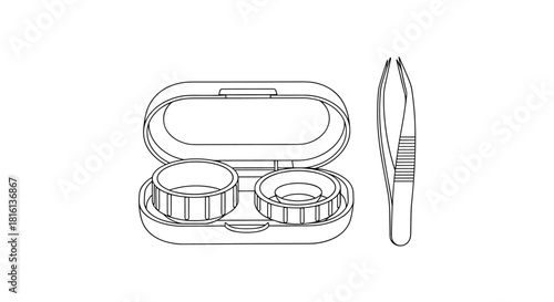 Line drawing of an open contact lens case with two lens holders and a pair of tweezers.