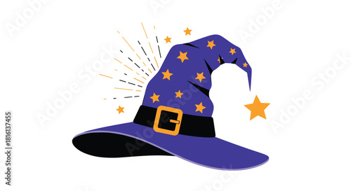 A magical purple wizard hat adorned with stars and a golden buckle sits on a white background.