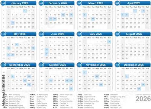 monthly vectorCalendar 2026 & Holidays 2026 template new year printable
