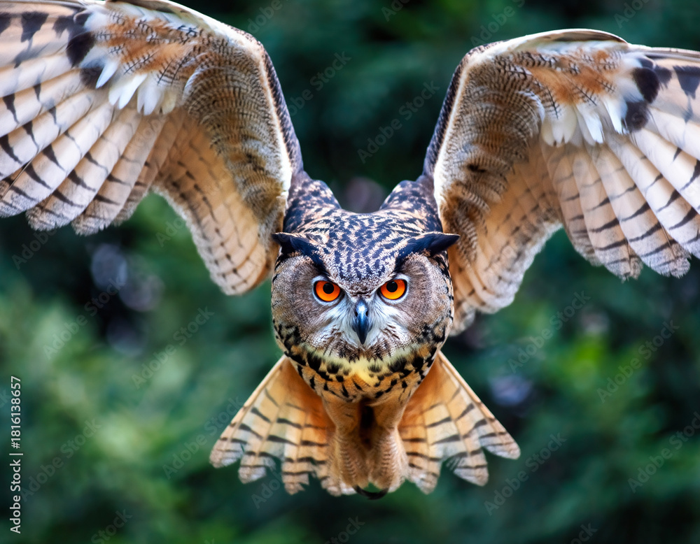 Obraz premium Majestic Eurasian eagleowl flying forward with wings spread wide.
