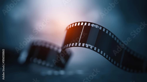 Cinematic film strip background texture with soft bokeh light, glossy ribbon curve, dramatic mood, shallow focus, dark studio scene, creative abstract motion inspires nostalgia as film strip cinema