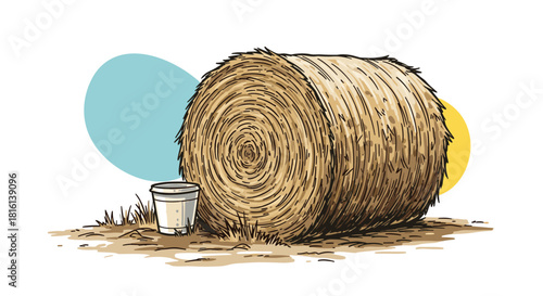 Illustration of a large round hay bale with a bucket on the ground next to it.