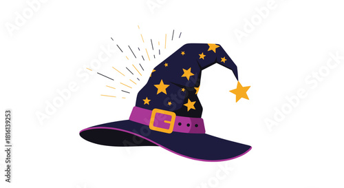 A stylized wizard hat with yellow stars and a purple belt is depicted with magical sparkles around it.