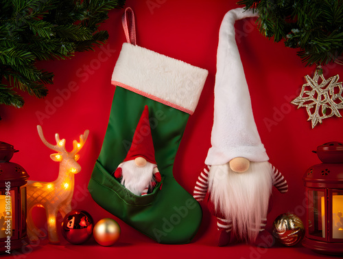 Christmas gnomes with stocking and festive decorations