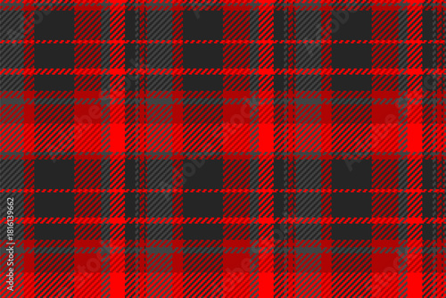 Feminine tartan check textile, striped seamless background texture. Delicate pattern fabric vector plaid in red and black colors.