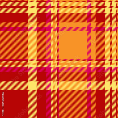 Online textile seamless tartan, outfit plaid background check. Pixel fabric pattern vector texture in red and orange colors.