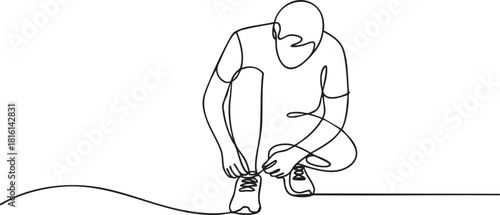 Continuous single line drawing of a person crouching down to tie their shoelaces, minimalist athletic pose illustrated in clean modern outline vector style