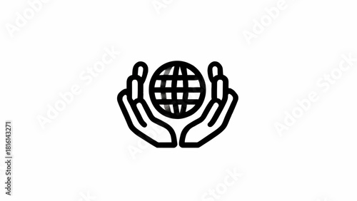 Outline icon of two hands gently holding a globe, symbolizing global care and environmental protection.