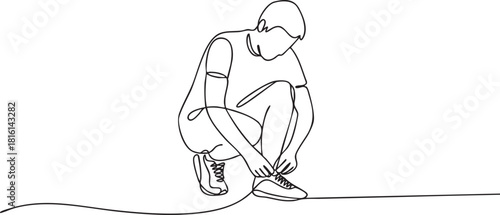 Continuous single line drawing of a person crouching down to tie their shoelaces, minimalist athletic pose illustrated in clean modern outline vector style
