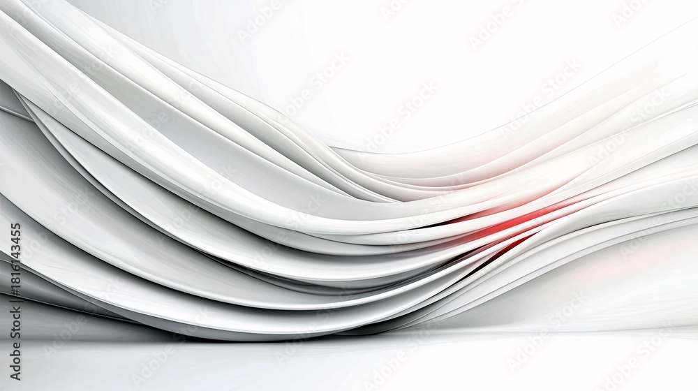 Obraz premium A smooth, flowing abstract design with multiple white, layered waves creating a sense of motion. A small, bright red accent highlights a central point within th