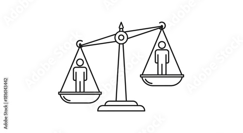 Line art illustration of a balance scale with two stick figures, one side heavier than the other, symbolizing inequality or imbalance.
