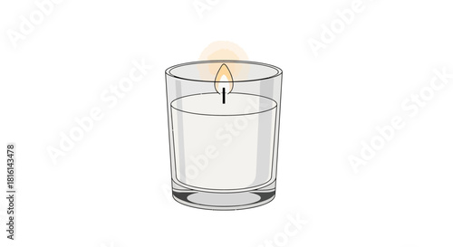 A simple illustration of a white lit candle in a clear glass votive holder, emitting a warm glow.