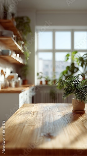 Bright kitchen scene with wooden countertop and potted plants basking in sunlight, creating a warm, inviting atmosphere.