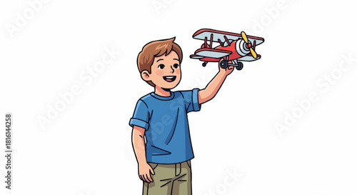 Happy young boy playing with a toy airplane, dreaming of flying adventures.