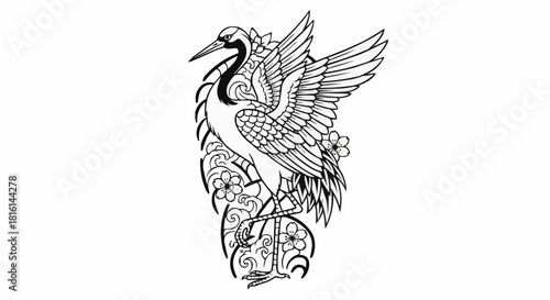 Elegant Japanese crane with spread wings line art illustration.