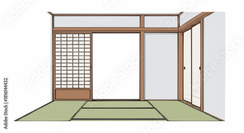 Traditional Japanese Room Interior with Tatami Mats and Shoji Screens.