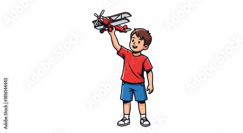 Young boy joyfully holds a toy airplane high in the air.