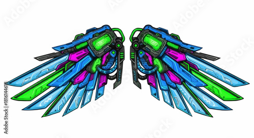 A pair of brightly colored futuristic mechanical wings.