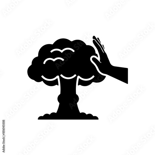 Features the recognizable silhouette of a mushroom cloud with a hand graphically pushing it away or refusing its existence, representing peace and anti-nuclear policy