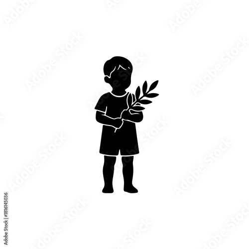 silhouette symbolizing a peaceful, nuclear-free future. Features a small child standing alone, gently holding an olive branch, representing hope, innocence, the legacy of peace for future generations