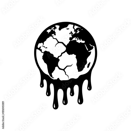 monochrome visual representing existential threat, global fragility, and the ultimate cost of conflict. Depicts Planet Earth with deep surface cracks that weep thick, blood-like fluid