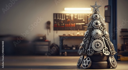 Creative Christmas Tree Decoration Crafted from Various Automotive Parts and Tools in a Mechanic's Garage Workshop